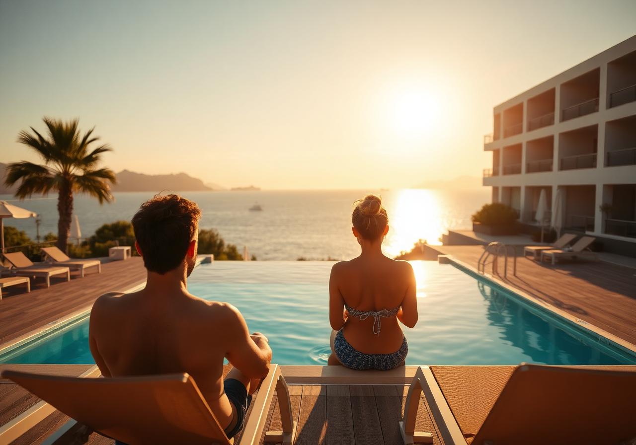 Couple relaxing by a Mediterranean hotel pool at golden hour